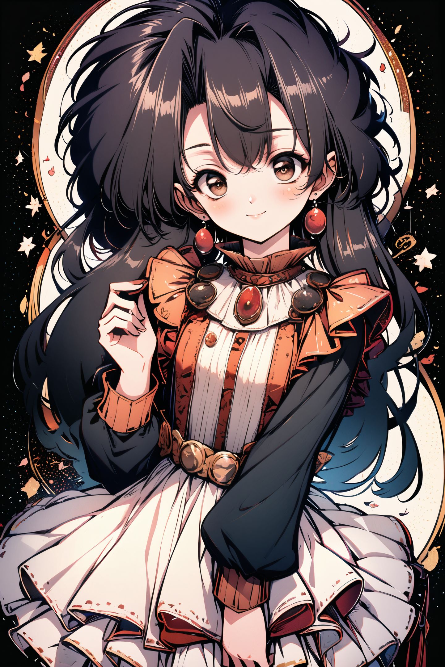 36048-2406160623-1girl,solo,long hair,black hair,jewelry,smile,earrings,looking at viewer,long sleeves,dress,brown eyes,black background,closed m.jpg